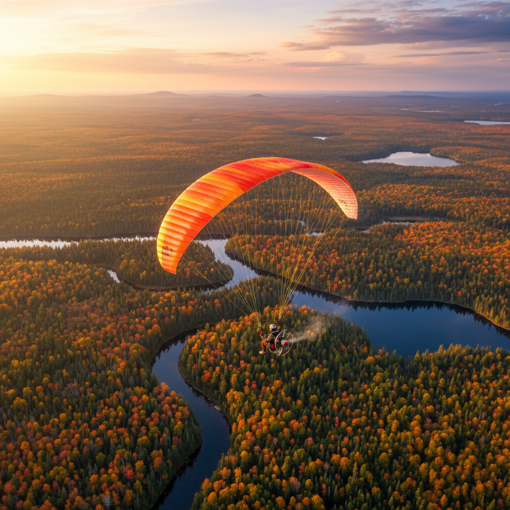 Pilote de paramoteur survolant les forêts d'automne de la Mauricie